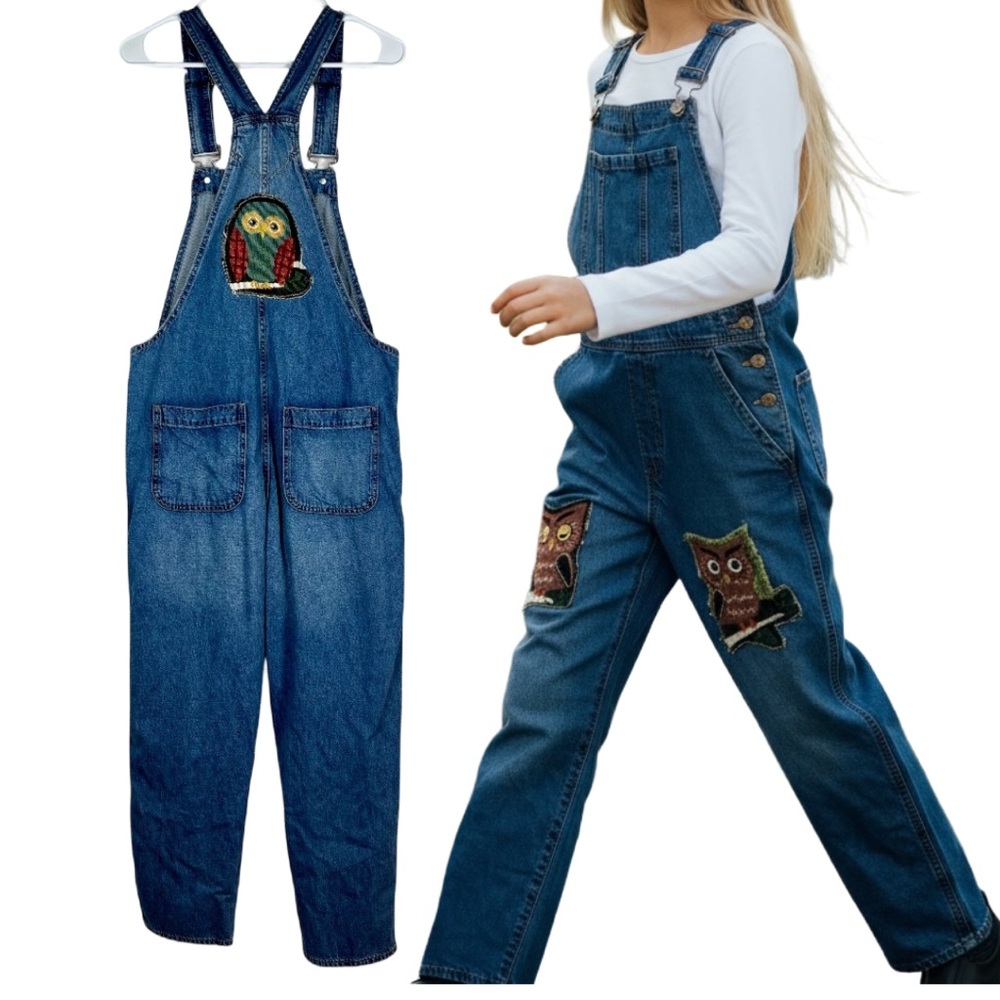 GAP Light Blue Denim Overalls Up Cycled‎ with Hand Crafted Owl Appliqué -Small